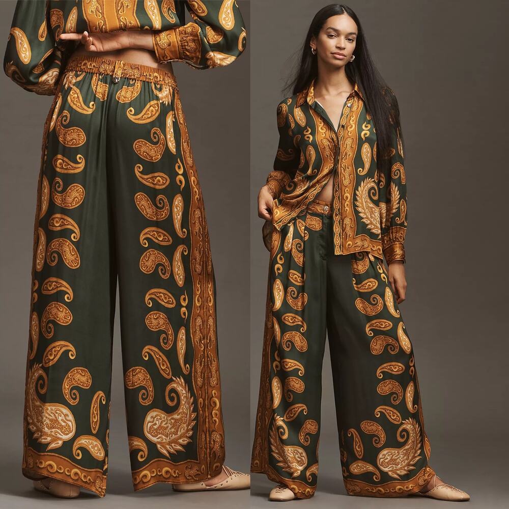 FARM Rio Green and Gold Paisley Wide-Leg Pants